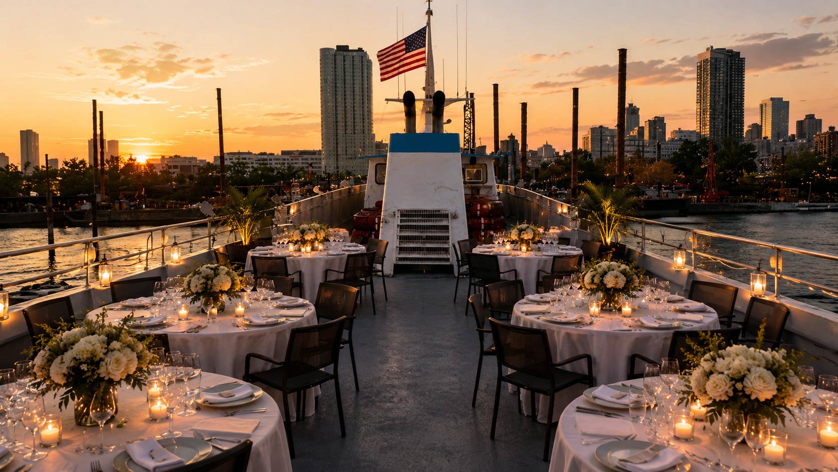 Corporate dinner setup aboard a yacht