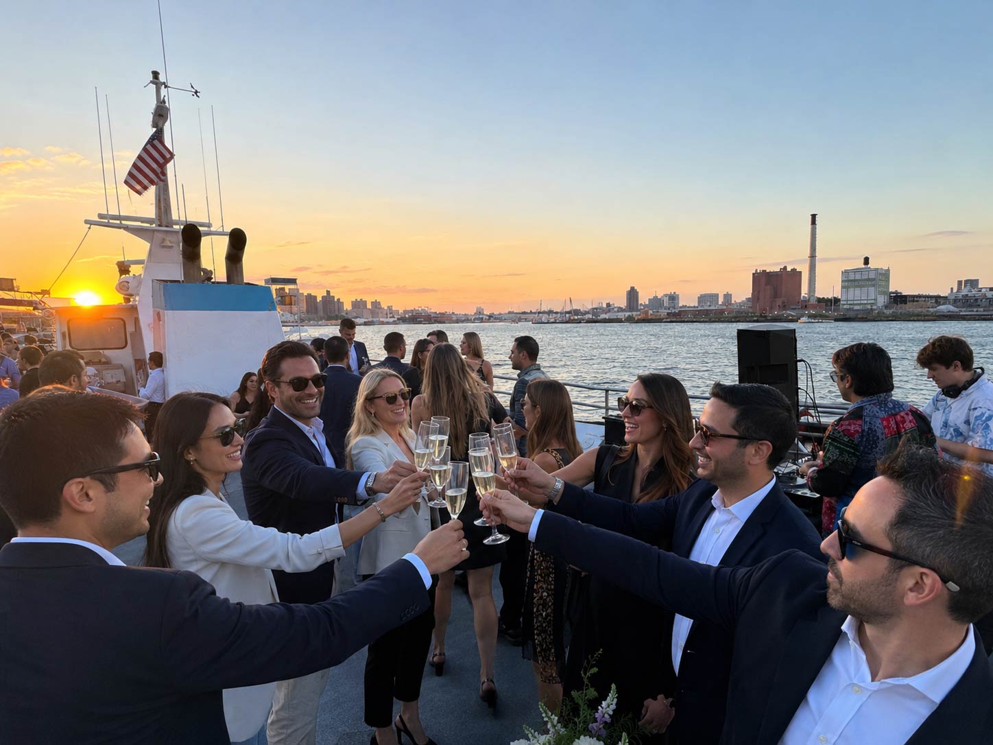 Corporate guests making a toast aboard a yacht