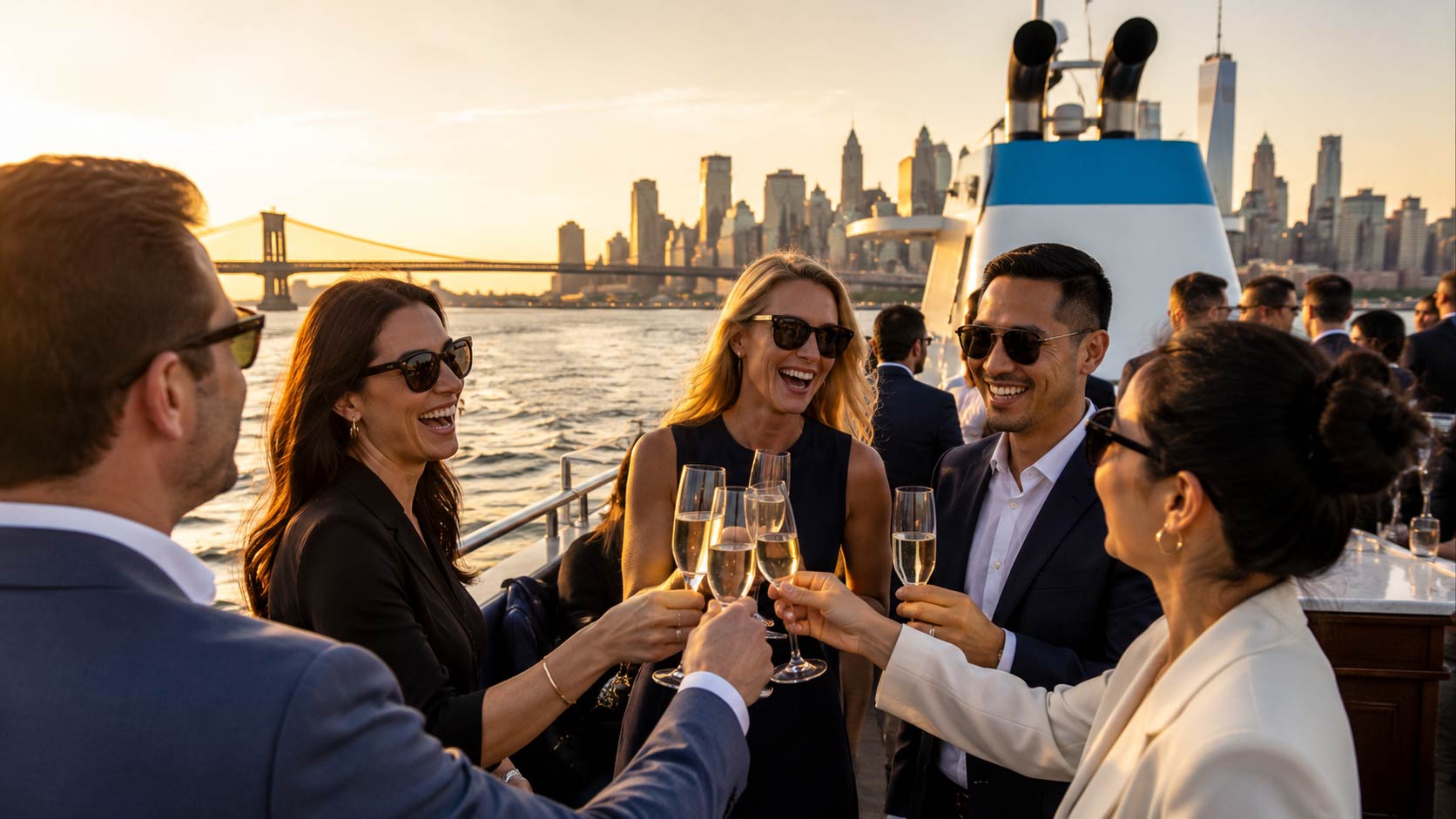 Coworkers celebrating together on a yacht